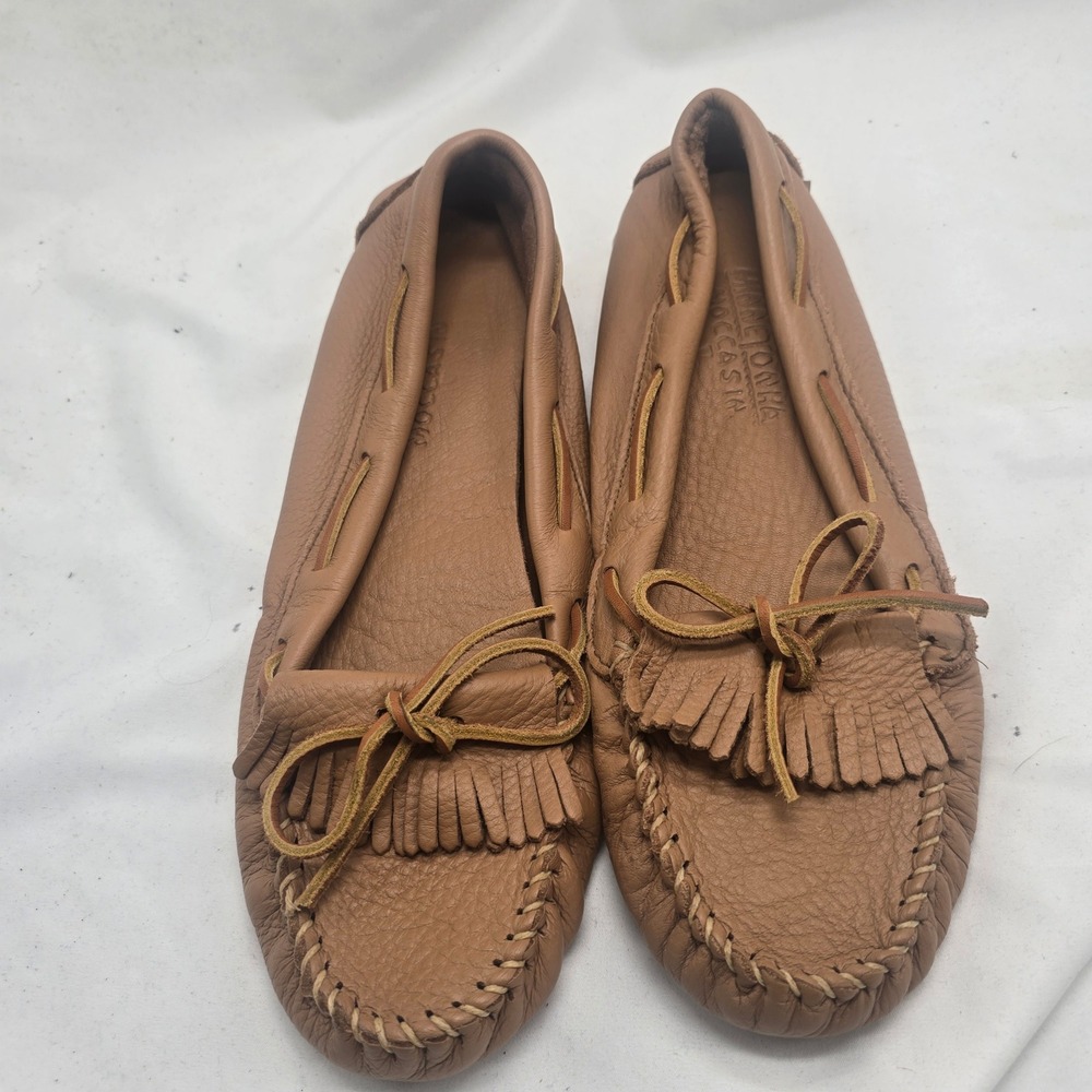 Minnetonka Kilty Driving Moccasin Women 11 Tan Deerskin Leather Fringe Boho 592